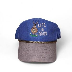 Vintage 90s Life is Good embroidered rope snapback hat blue two tone donkey